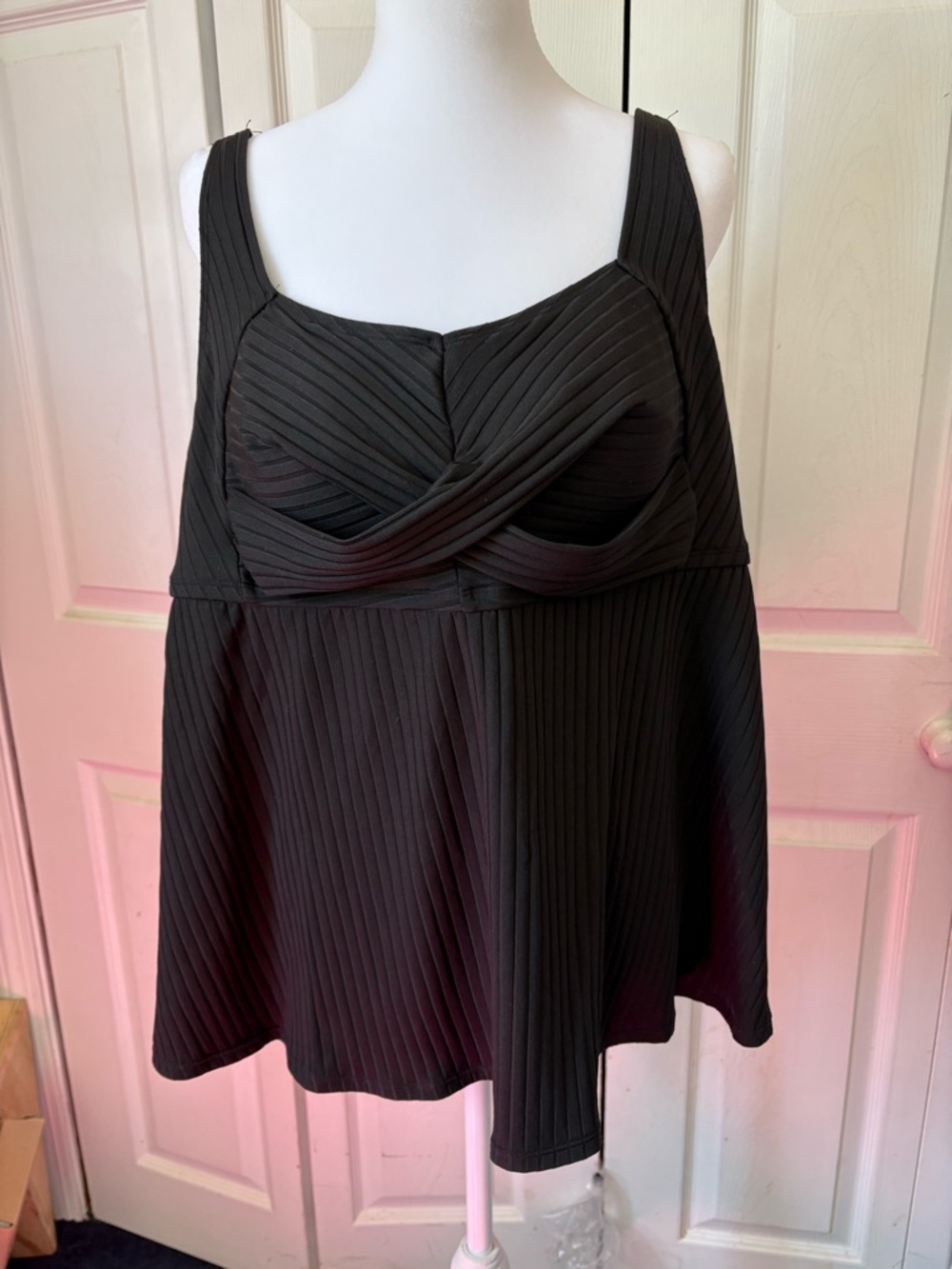 Black Pleated Tankini Swim Top